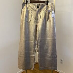 NWT Anthropologie Gold Metallic Colette Cropped Wide-Leg Faux Leather Pants 32